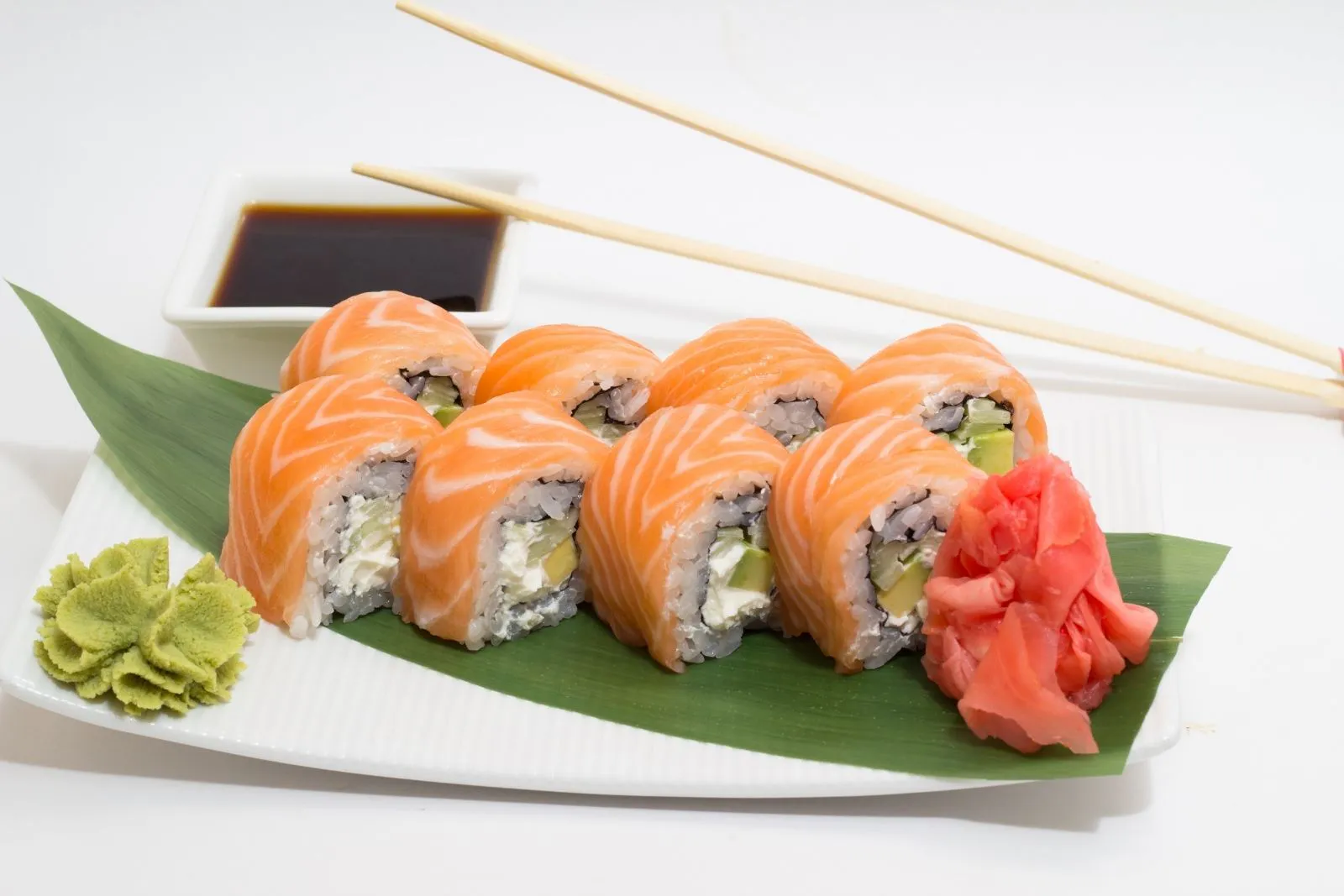 Salmon cream cheese sushi roll with wasabi at Kimiya Japanese Cuisine Roanoke Restaurant in Roanoke