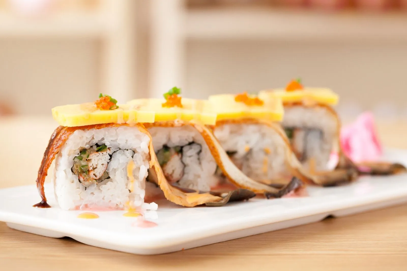 Mango eel sushi roll with roe at Kimiya Japanese Cuisine Roanoke Restaurant in Roanoke