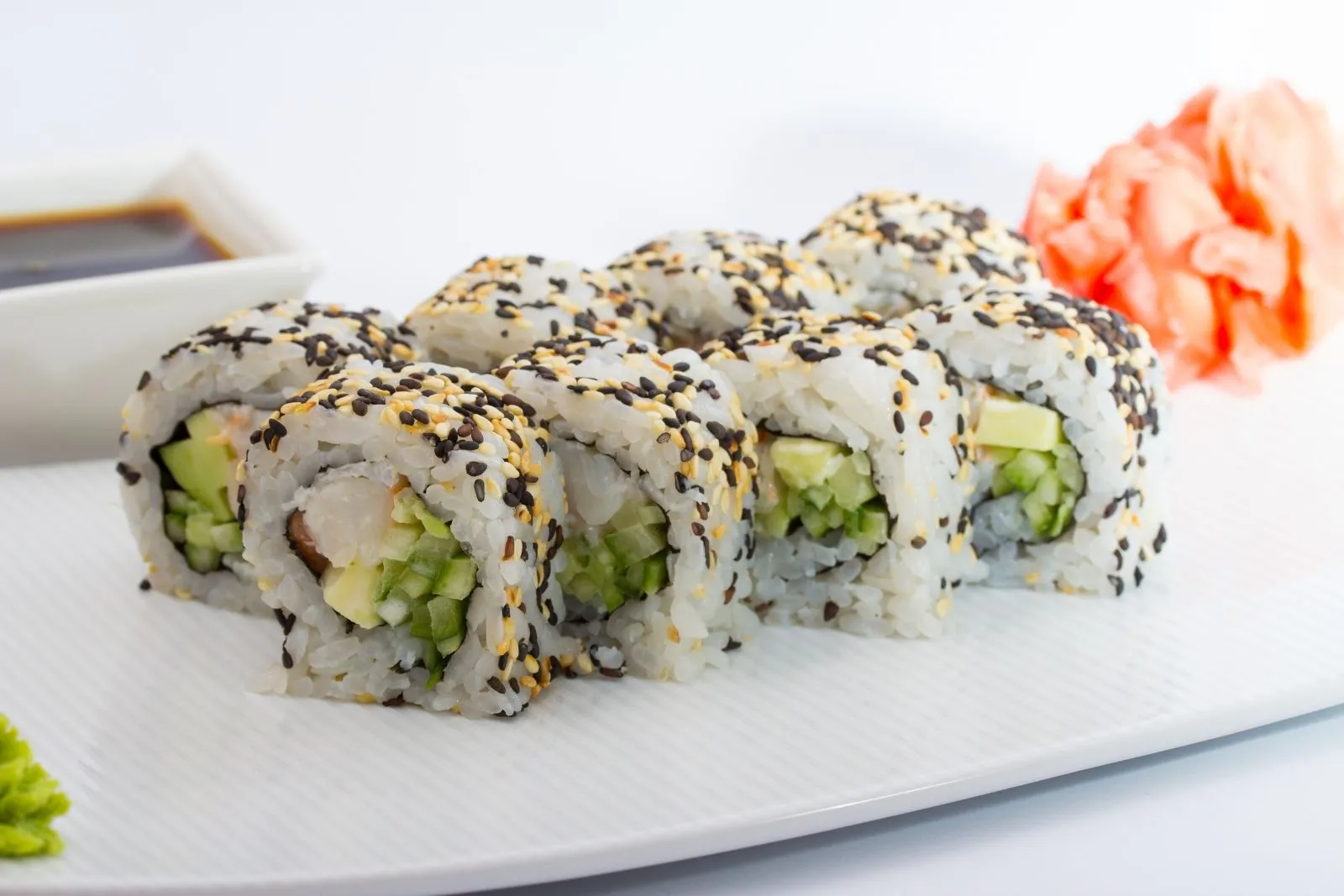 Shrimp avocado sushi roll with sesame seeds at Kimiya Japanese Cuisine Roanoke Restaurant in Roanoke