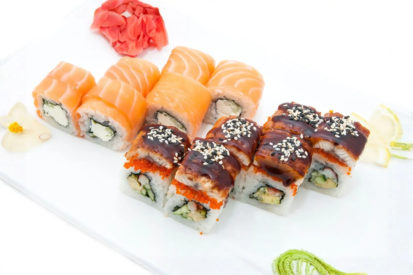Assorted sushi roll platter with salmon and eel at Kimiya Japanese Cuisine Roanoke Restaurant in Roanoke
